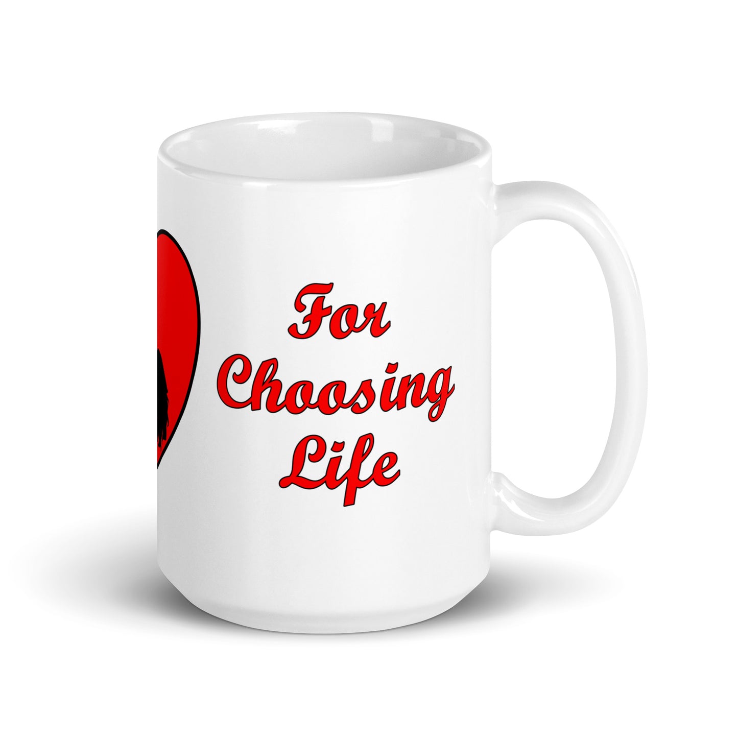 A002 Mug - White Glossy Ceramic Mug Featuring Mother and Baby Graphic with text “Thank You Mom For Choosing Life.”