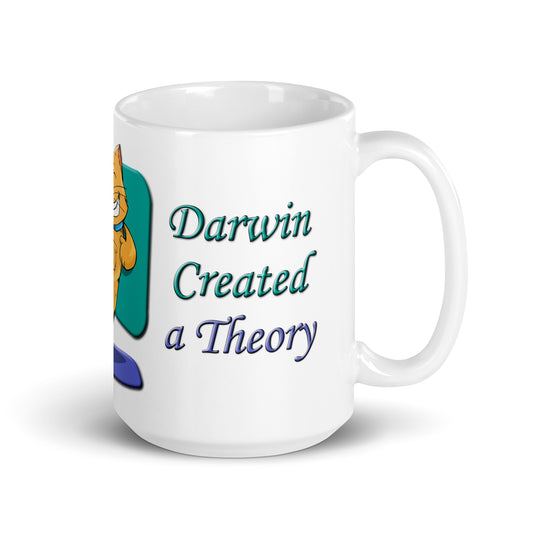 A016 Mug - White Glossy Ceramic Mug Featuring a Happy Dancing Cat with the Text “God Created Life – Darwin Created a Theory.”