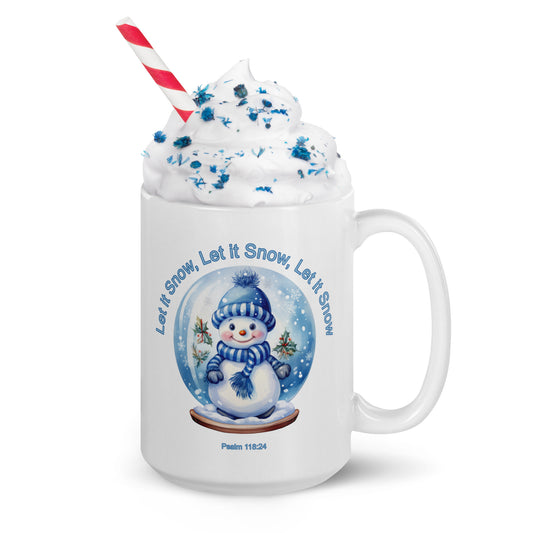 A020 Mug - White Glossy Ceramic Mug Featuring a Cute Little Snowman in a Snow Globe with the Text “Let it Snow, Let it Snow, Let it Snow.”